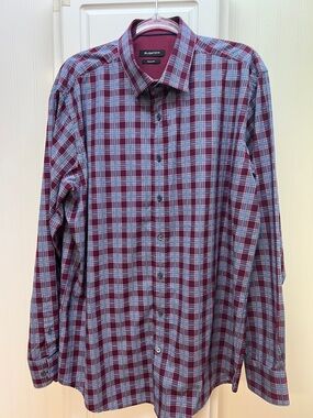 Bugatchi Men’s Maroon and Light Blue Plaid Button-Down Shirt